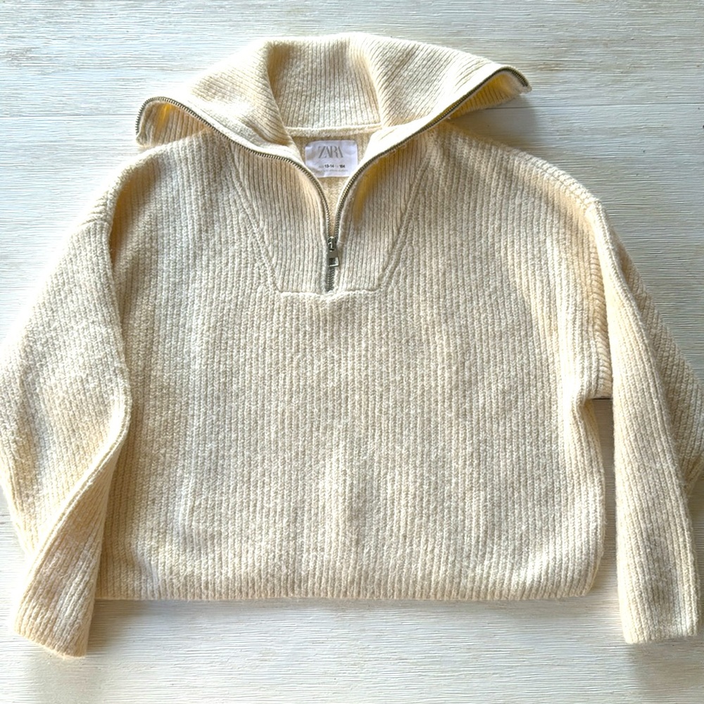 Zara Girls Wrap Collar Ecru Sweater - Cotton Blend - Size 13-14